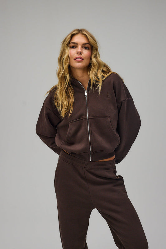 Cropped Zip Hoodie - Pecan Brown