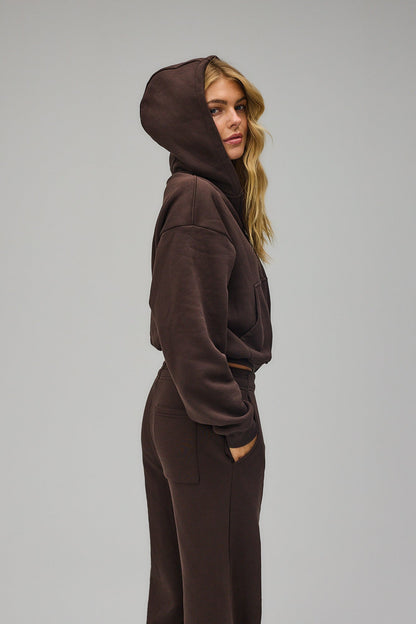 Cropped Zip Hoodie - Pecan Brown