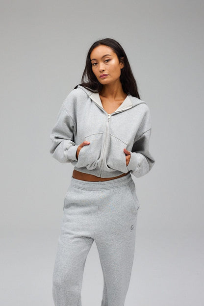 Cropped Zip Hoodie - Grey Melange