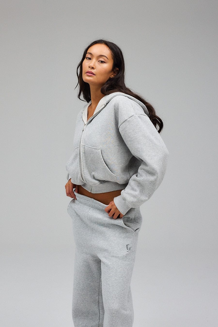 Cropped Zip Hoodie - Grey Melange