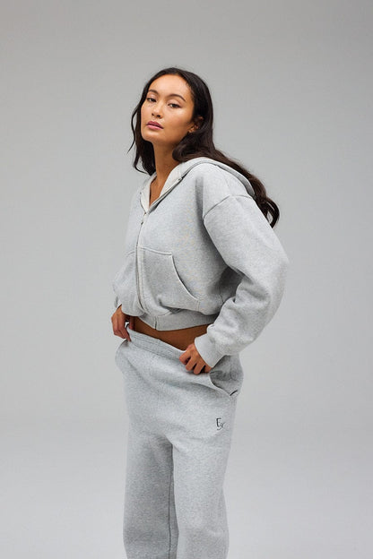 Cropped Zip Hoodie - Grey Melange