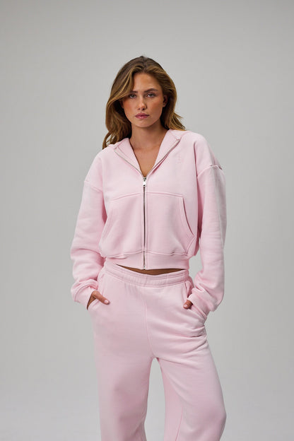 Cropped Zip Hoodie - Soft Pink